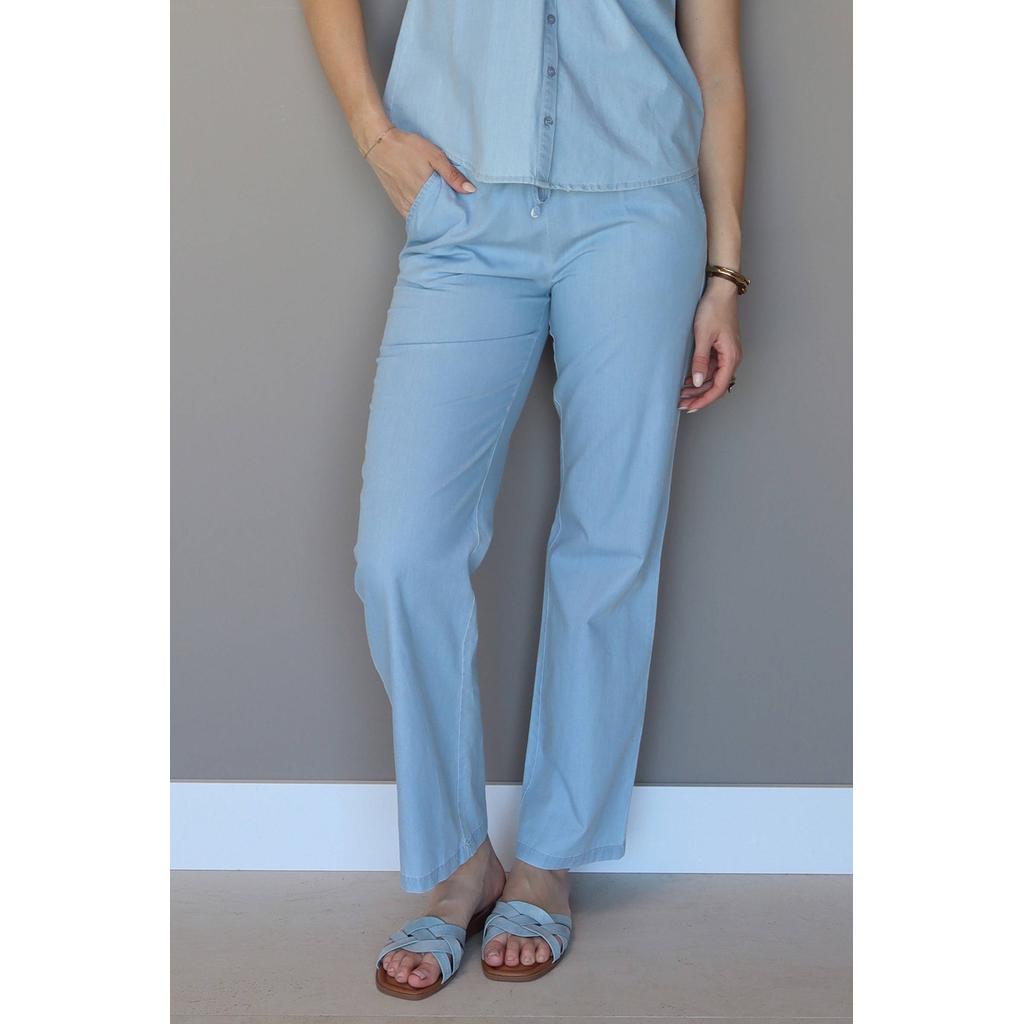 Blauwe dames Elvira Collections regular high waist broek van katoen met elastische tailleband met koord en effen