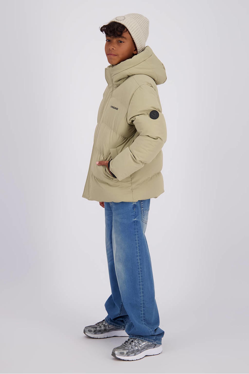 Beige jongens Vingino pufferjas van polyester met effen, lange mouwen, capuchon en ritssluiting