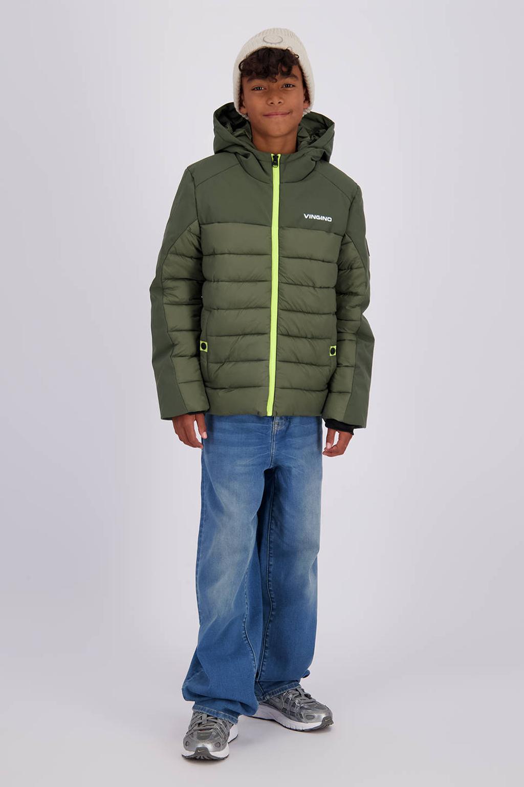 Donkergroene jongens Vingino winterjas van polyester met effen, lange mouwen, capuchon en ritssluiting