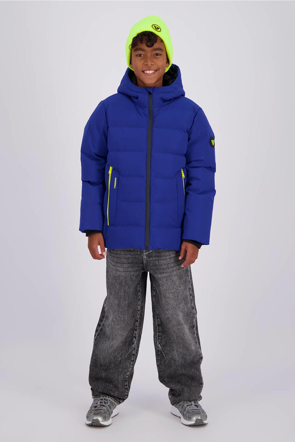 Blauwe jongens Vingino pufferjas van polyester met effen, lange mouwen, capuchon en ritssluiting