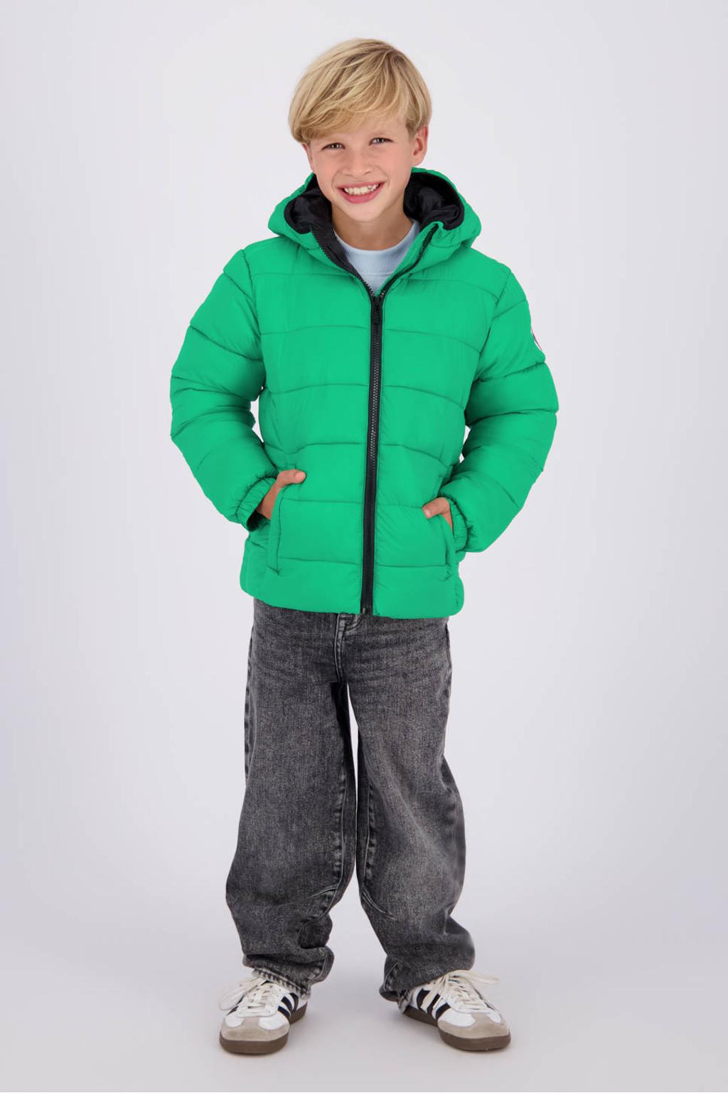 Groene jongens Vingino winterjas van polyamide met effen, lange mouwen, capuchon en ritssluiting