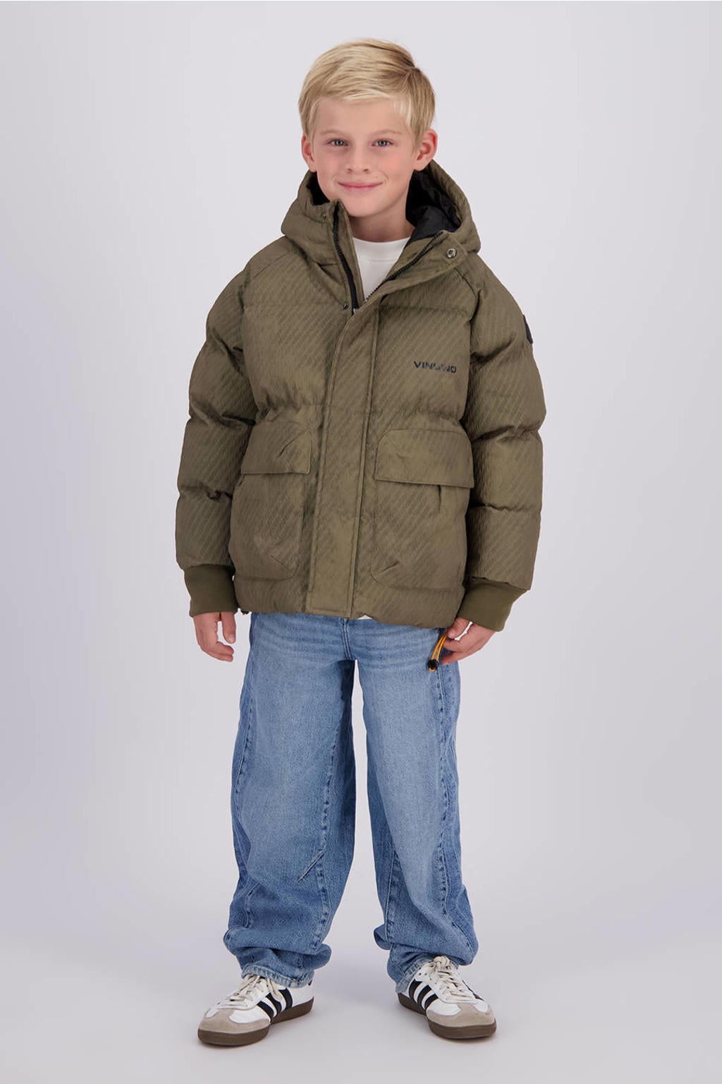 Olijfgroene jongens Vingino winterparka van polyester met lange mouwen, capuchon en rits- en drukknoopsluiting