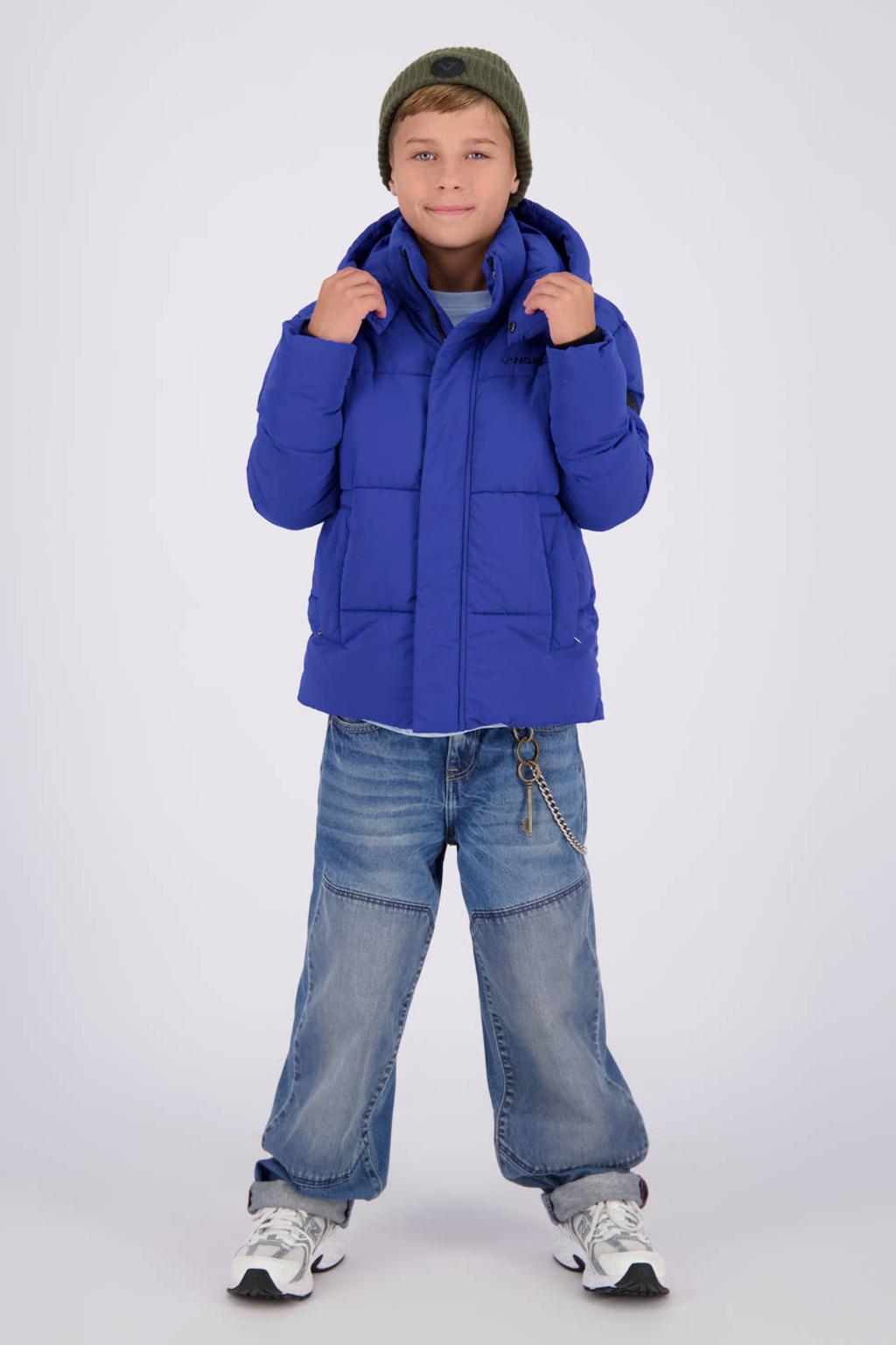 Blauwe jongens Vingino winterjas van polyamide met effen, lange mouwen, capuchon en rits- en drukknoopsluiting