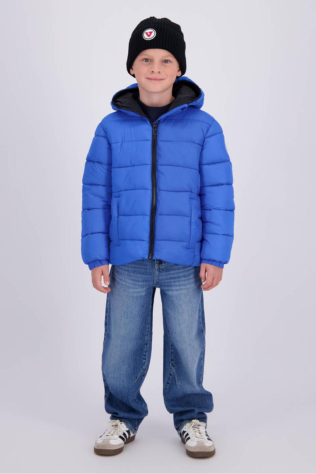 Blauwe jongens Vingino winterjas van polyamide met effen, lange mouwen, capuchon en ritssluiting