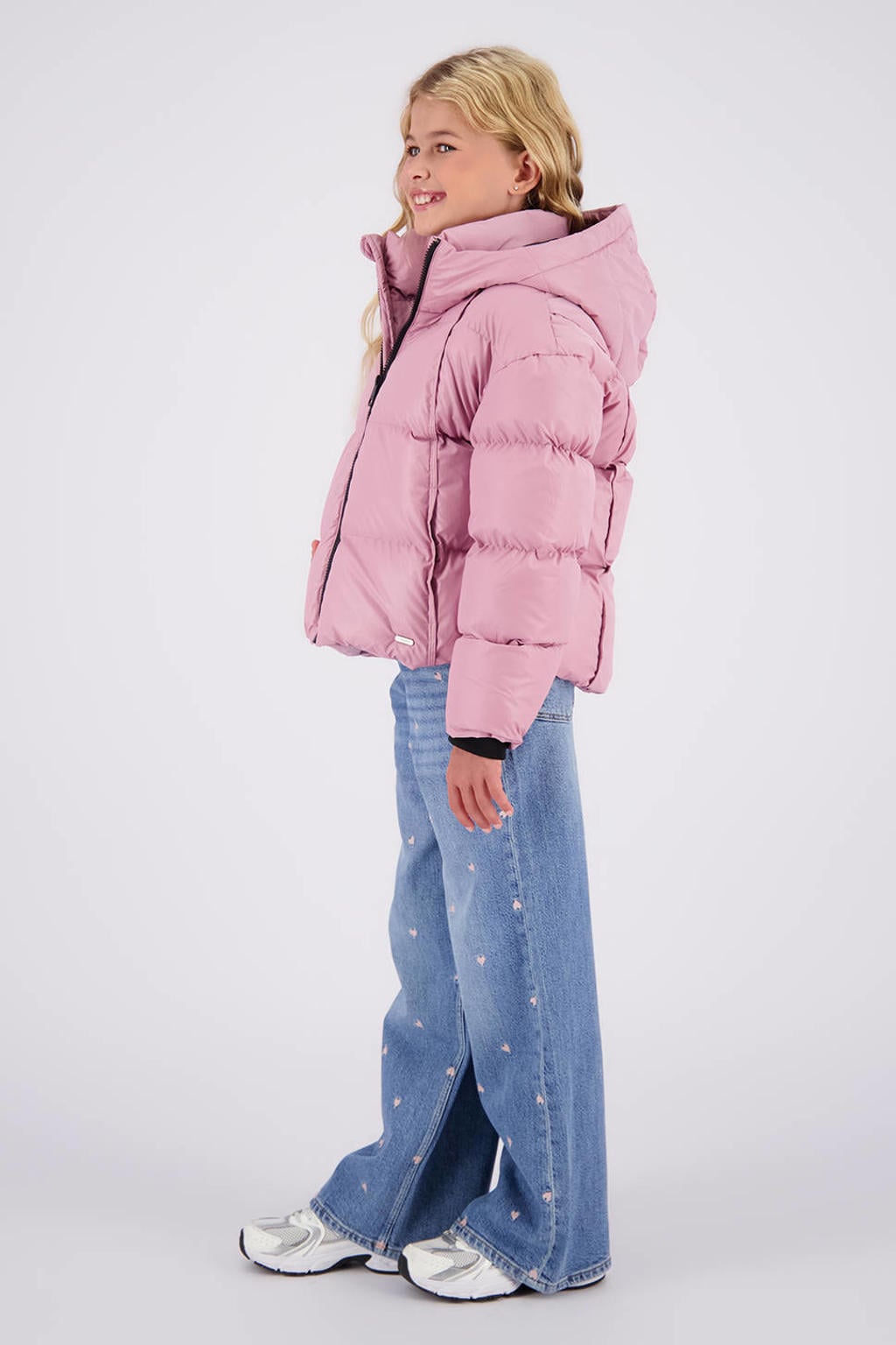 Roze meisjes Vingino pufferjas van polyester met effen, lange mouwen, capuchon en ritssluiting