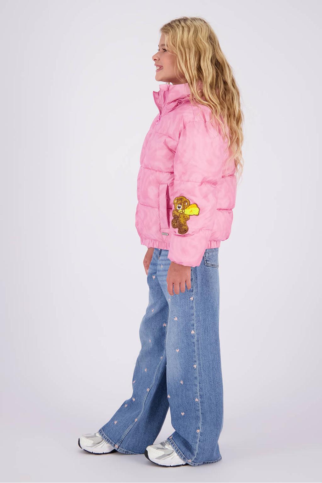 Roze meisjes Vingino gewatteerde winterjas van polyester met lange mouwen, capuchon, ritssluiting en 3D applicatie