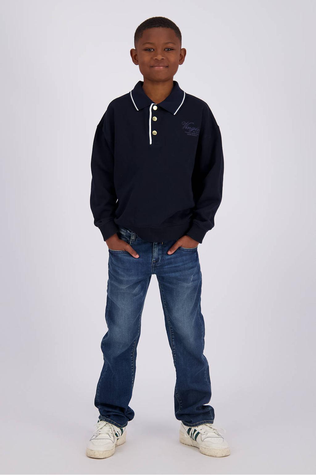 Donkerblauwe jongens Vingino sweater met effen, lange mouwen, polo kraag, knoopsluiting en geribde boorden
