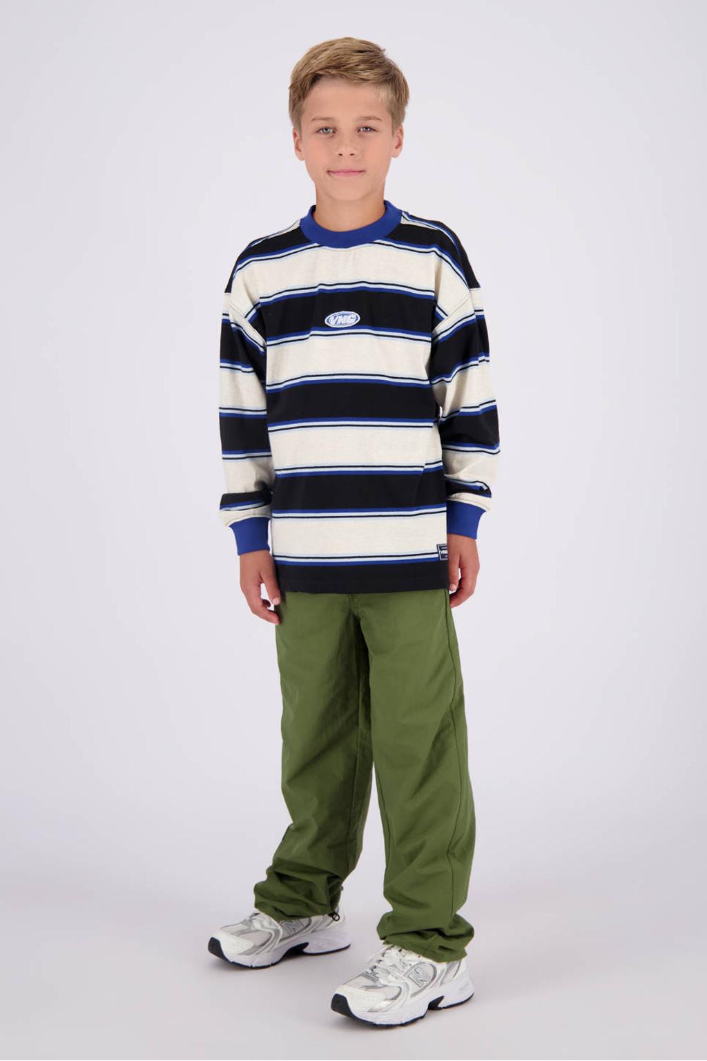 Zwart, blauw en ecru jongens Vingino gestreepte longsleeve van katoen met lange mouwen, ronde hals en geribde boorden