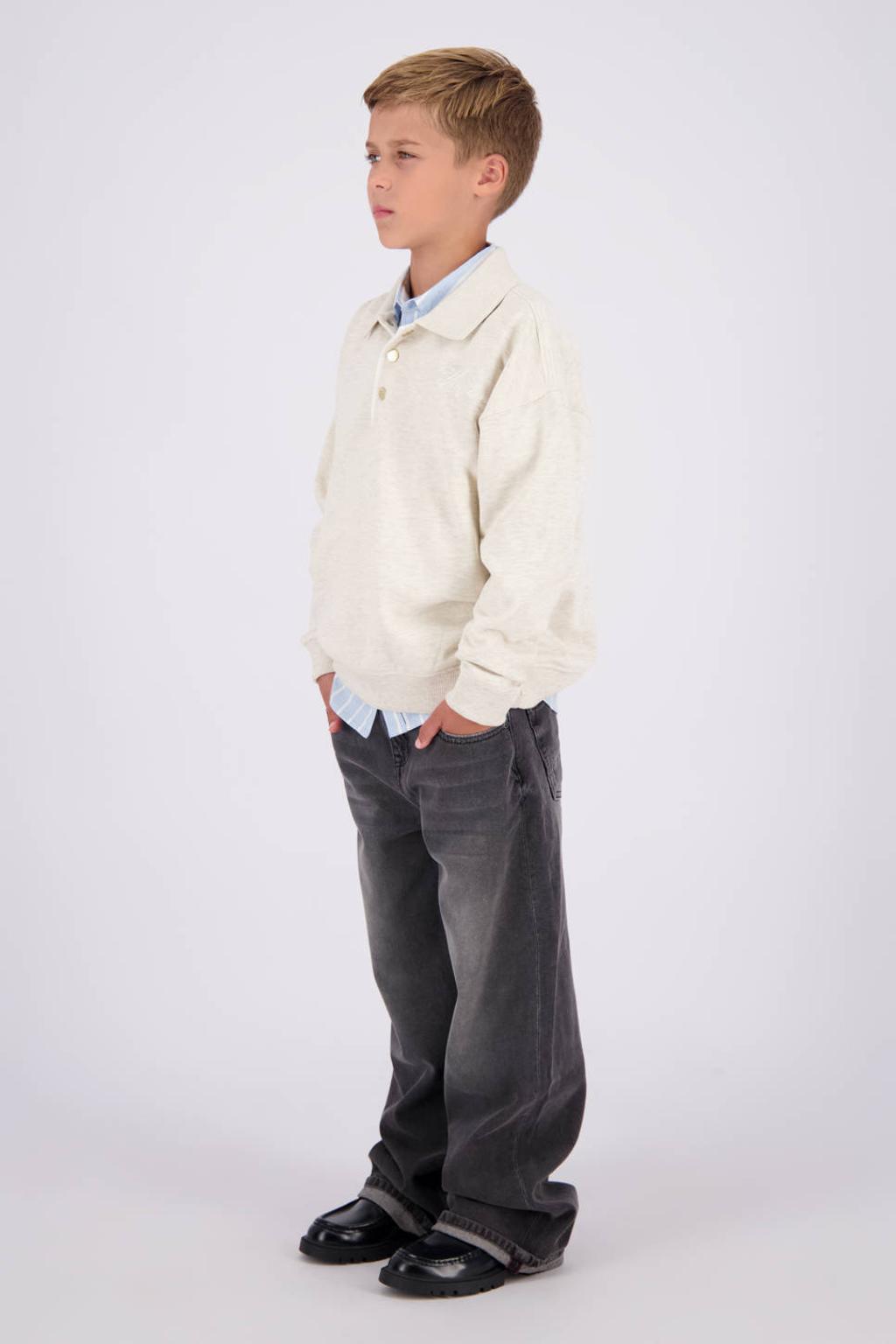 Ecru jongens Vingino sweater met effen, lange mouwen, polo kraag, knoopsluiting en geribde boorden
