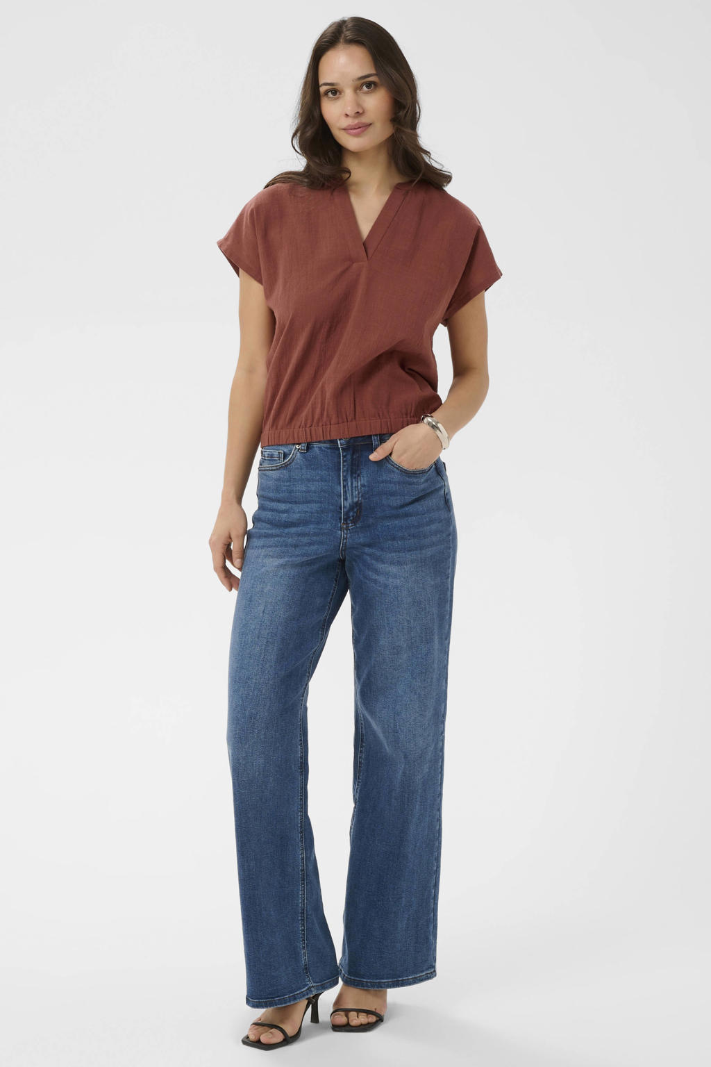 Terracottakleurige dames Kaffe blouse van katoen met effen, korte mouwen en V-hals