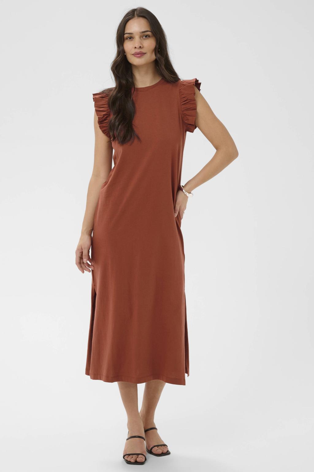 Terracottakleurige dames Kaffe midi jurk van katoen met effen en ronde hals