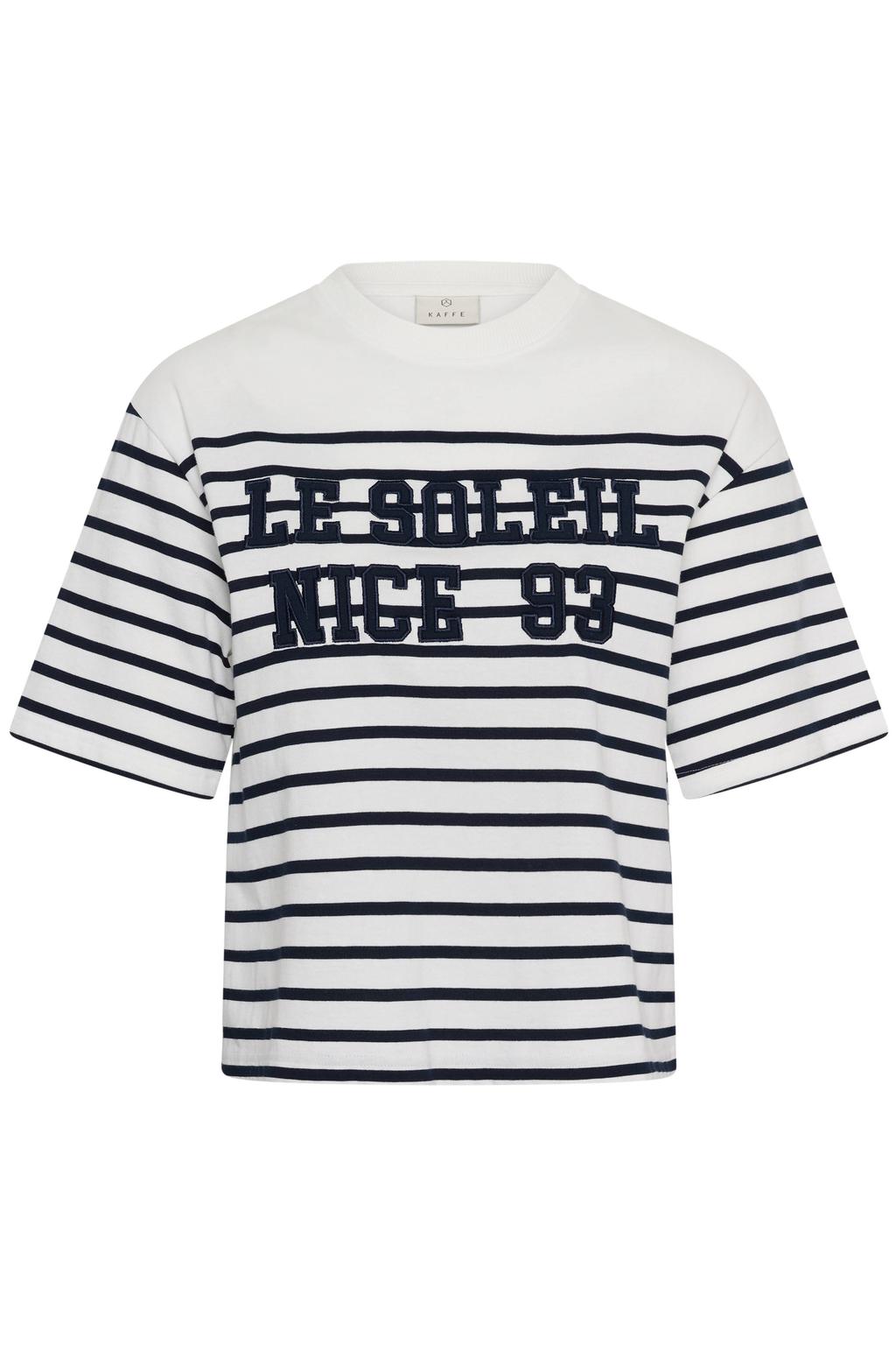 Wit en donkerblauwe dames Kaffe gestreept T-shirt van katoen met korte mouwen en ronde hals