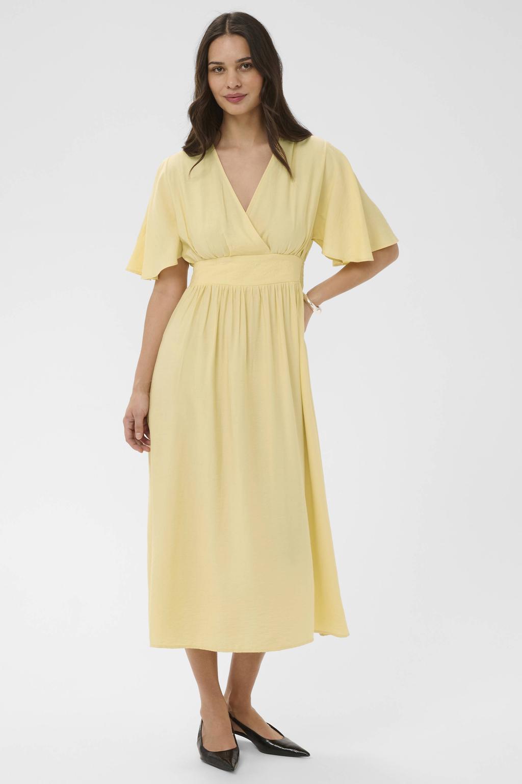 Gele dames Kaffe midi jurk van viscose met effen, korte mouwen en V-hals