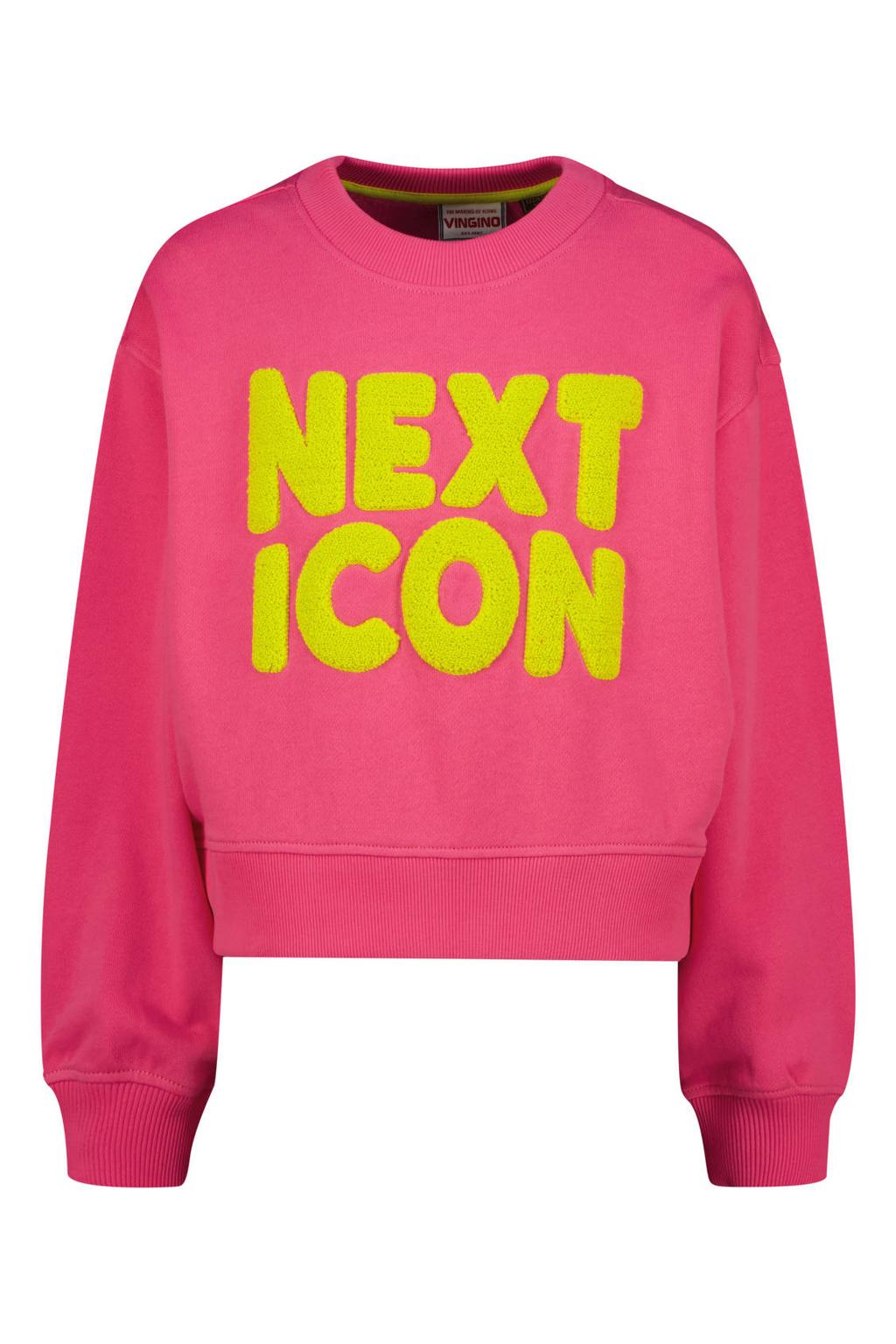 Roze meisjes Vingino sweater van stretchkatoen met printopdruk, lange mouwen, ronde hals en geribde boorden