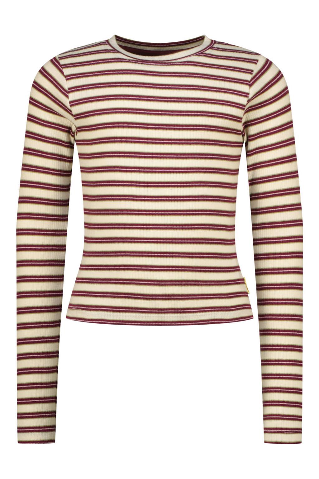 Ecru en bruine meisjes Vingino aansluitende gestreepte longsleeve van stretchkatoen met lange mouwen en ronde hals