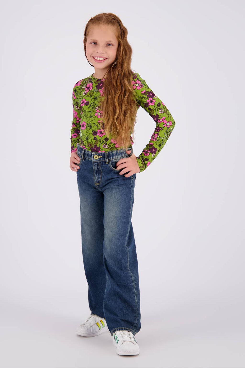 Dark blue denim meisjes Vingino Cato wide leg jeans met rits- en knoopsluiting en effen