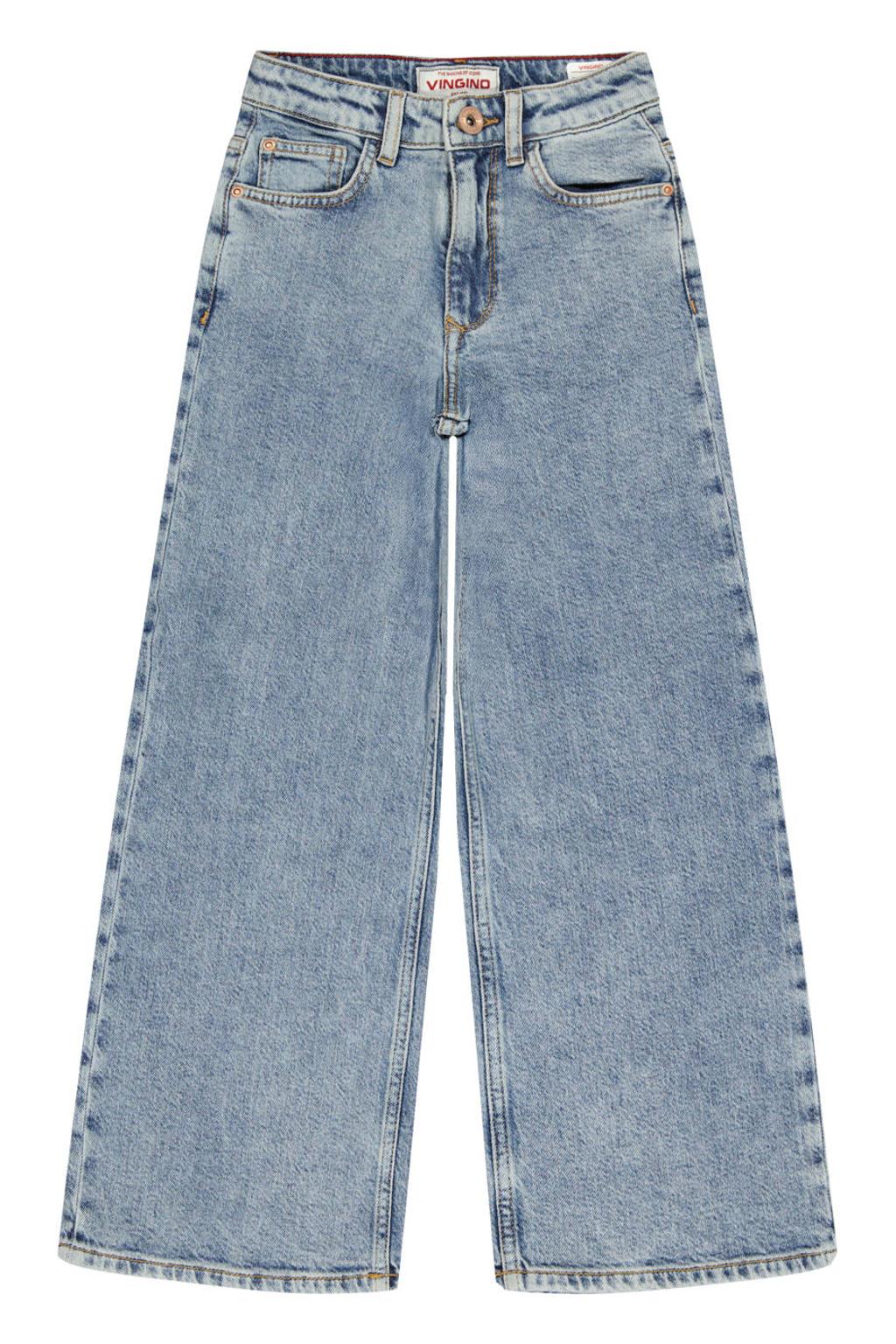 Light blue denim meisjes Vingino Cita wide leg jeans van stretchkatoen met rits- en knoopsluiting en effen