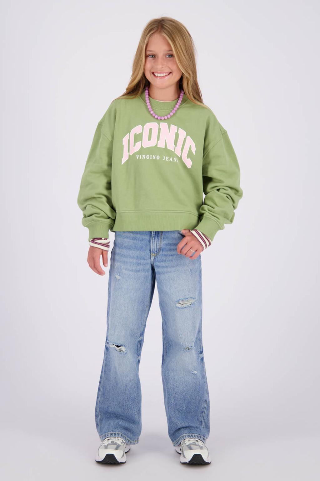 Light blue denim meisjes Vingino Cassie wide leg jeans van stretchkatoen met rits- en knoopsluiting en effen