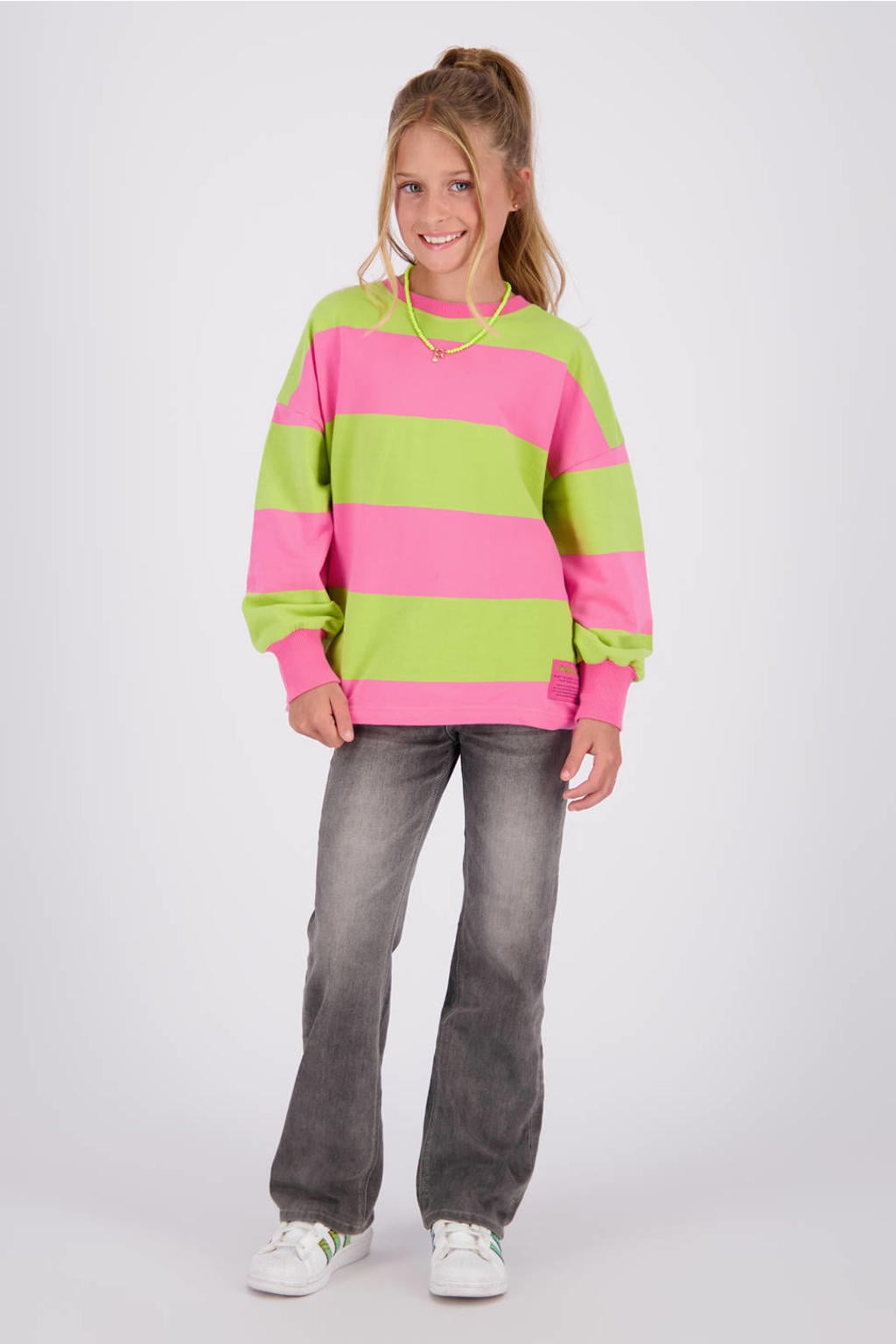 Roze en groene meisjes Vingino gestreepte sweater met lange mouwen, ronde hals en geribde boorden
