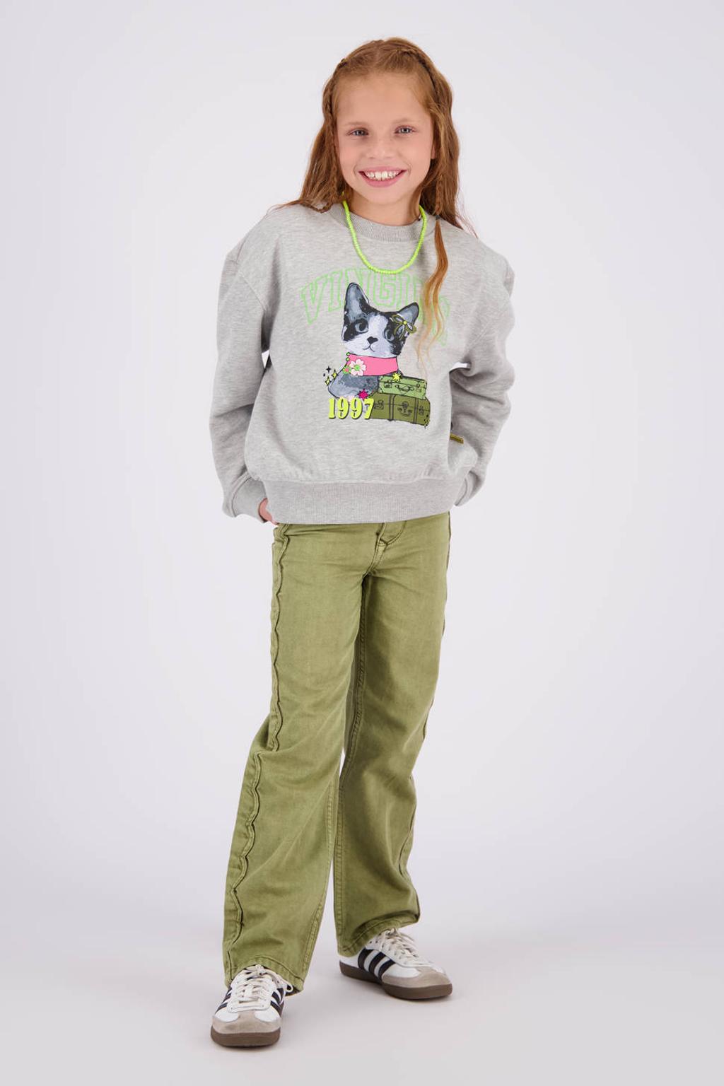 Grijs melange meisjes Vingino sweater van stretchkatoen met printopdruk, lange mouwen, ronde hals en geribde boorden