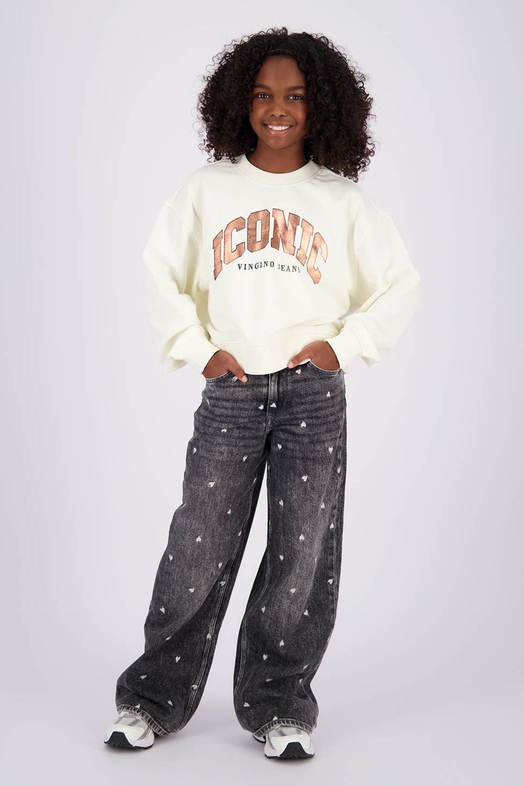 Grey denim meisjes Vingino Cita Special wide leg jeans en hartjes met rits- en knoopsluiting