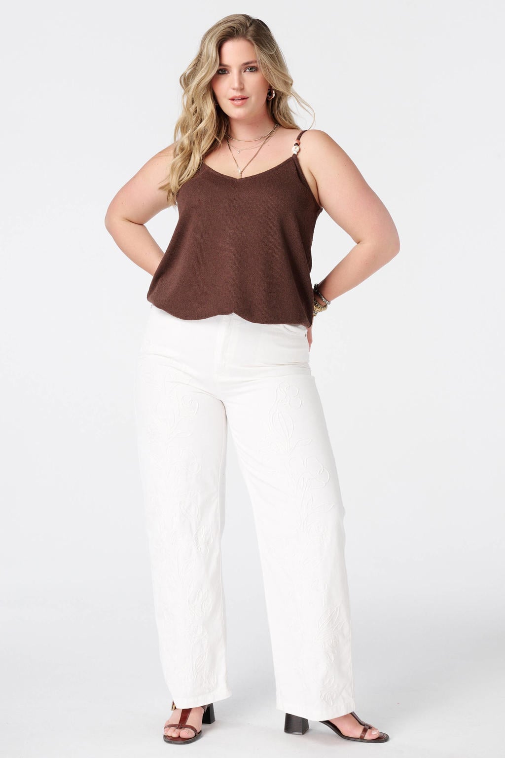 Bruine dames MS Mode top van viscose met effen, spaghettibandjes, V-hals en kraaltjes