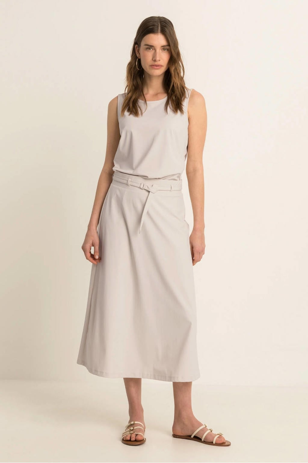 Expresso travelstof midi rok met ceintuur - beige