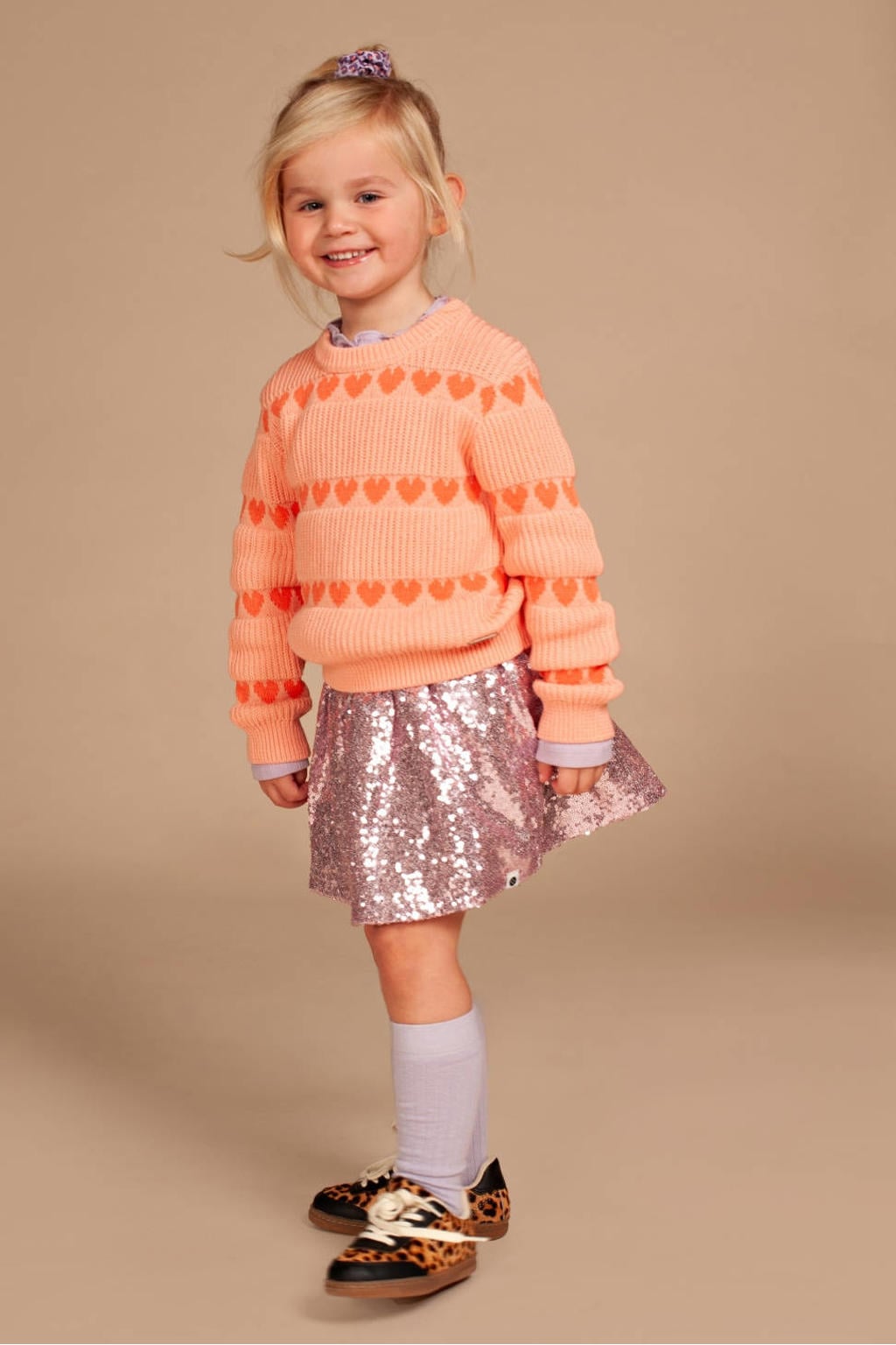 Stains&Stories gebreide trui met ajourdetails en hartjes - zalm