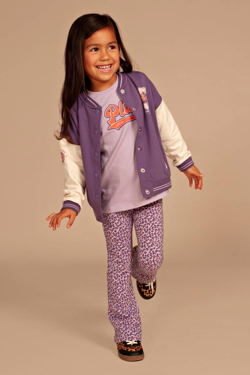 Lila en oranje meisjes Stains&Stories flared broek van stretchkatoen met regular waist, elastische tailleband en panterprint