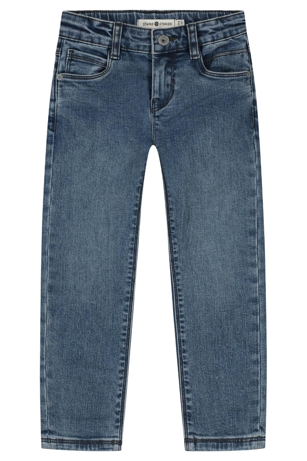 Medium blue denim jongens Stains&Stories regular fit straight leg jeans mediumblauw van stretchdenim met effen