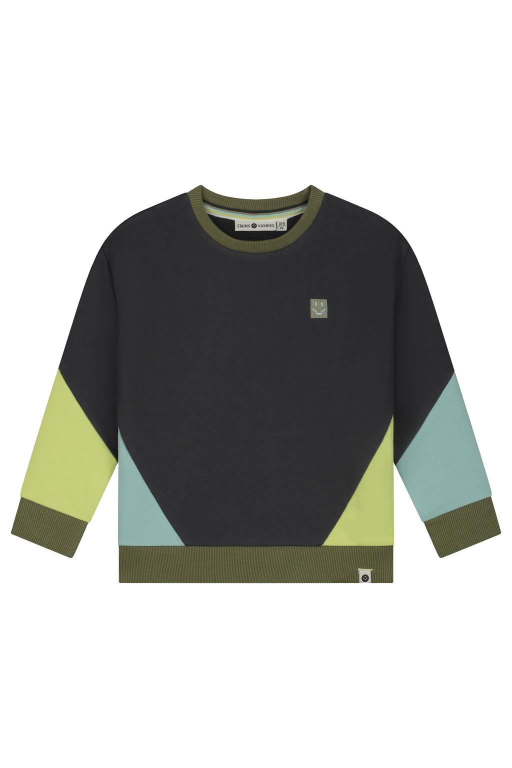 Antraciet, lime en lichtblauwe jongens Stains&Stories sweater van katoen met meerkleurige print, lange mouwen, ronde hals en geribde boorden