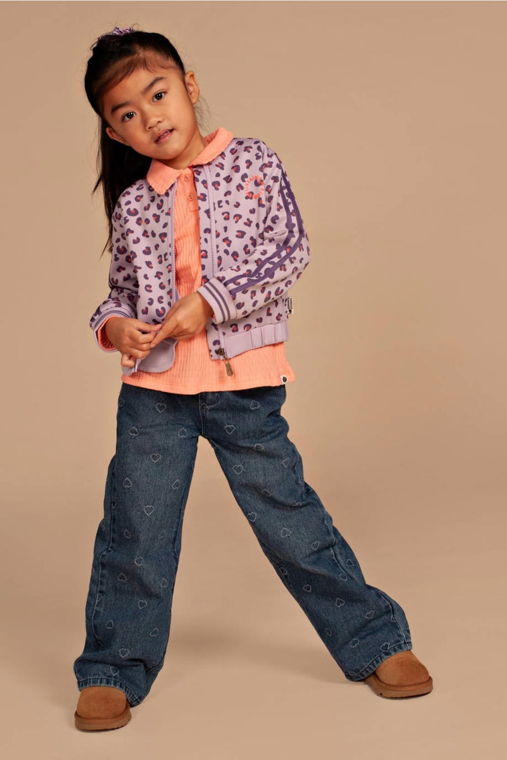 Lilakleurige meisjes Stains&Stories sweatvest met dierenprint, lange mouwen, ritssluiting en elastische boord