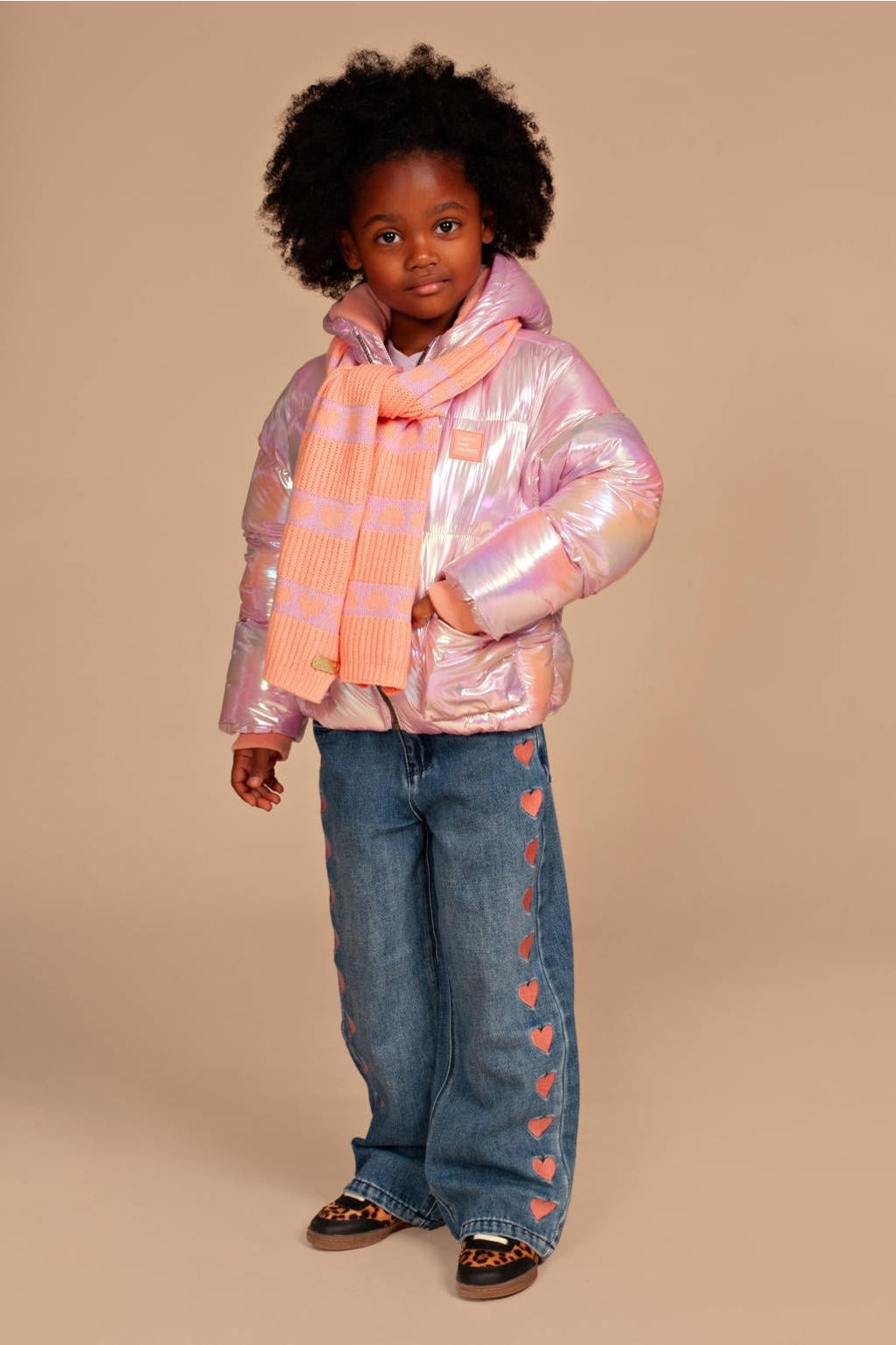 Roze meisjes Stains&Stories gewatteerde winterjas van polyester met effen, lange mouwen, capuchon, ritssluiting en glimmend detail
