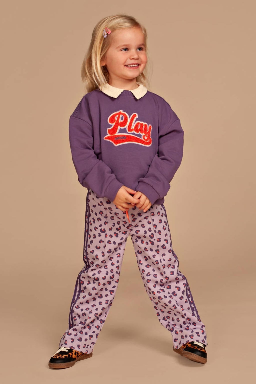Lilakleurige meisjes Stains&Stories wide leg broek met elastische tailleband met koord en panterprint