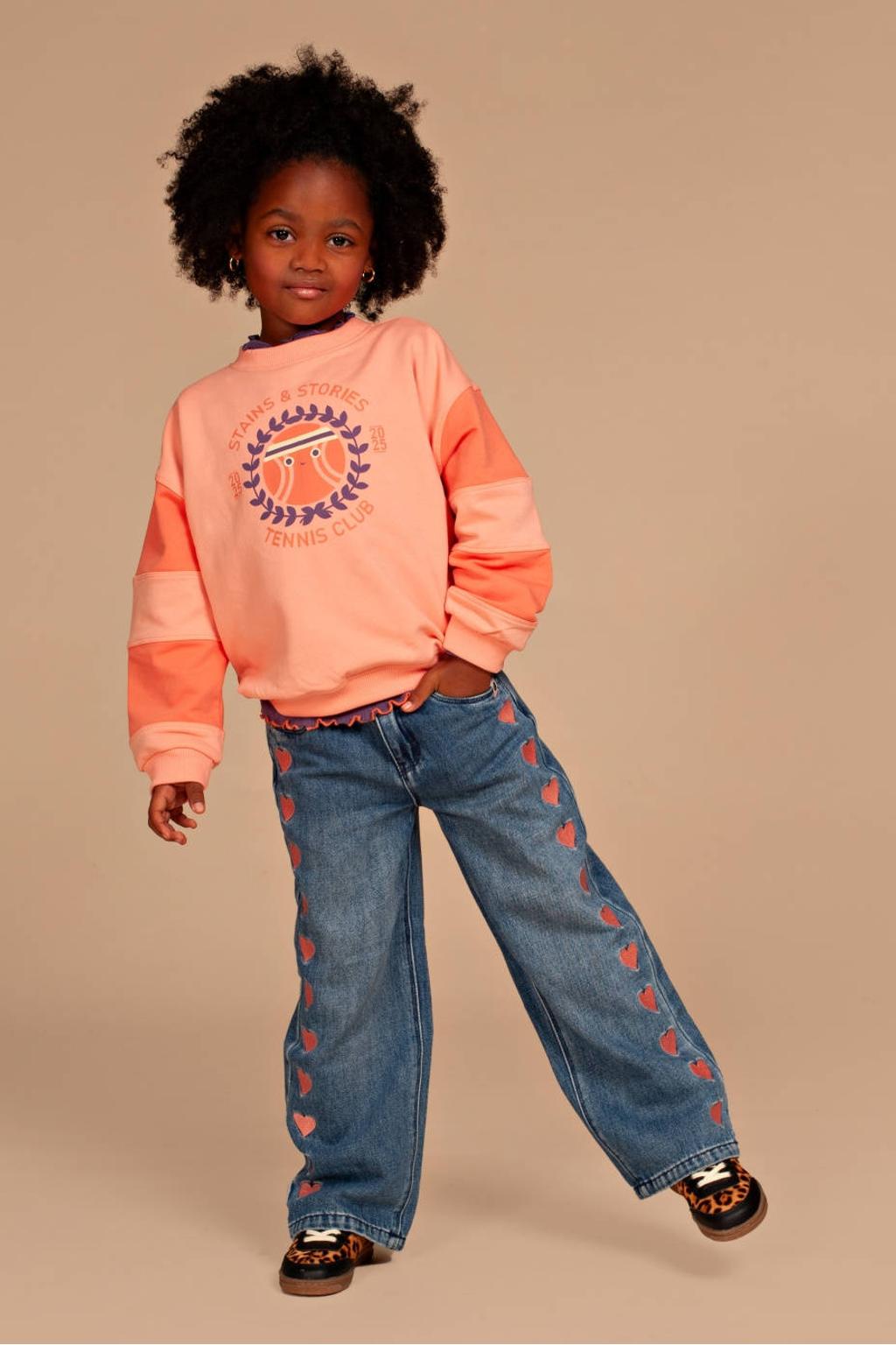 Medium blue denim meisjes Stains&Stories wide leg jeans van denim met rits- en knoopsluiting en hartjesprint