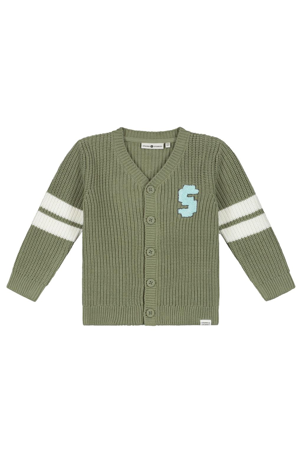 Groene jongens Stains&Stories vest van katoen met effen, lange mouwen, V-hals, knoopsluiting en gebreide details