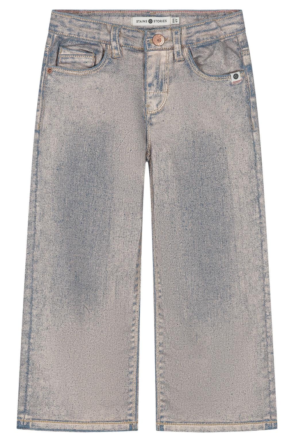 Rosé en blauwe meisjes Stains&Stories wide leg jeans van denim met rits- en knoopsluiting en effen