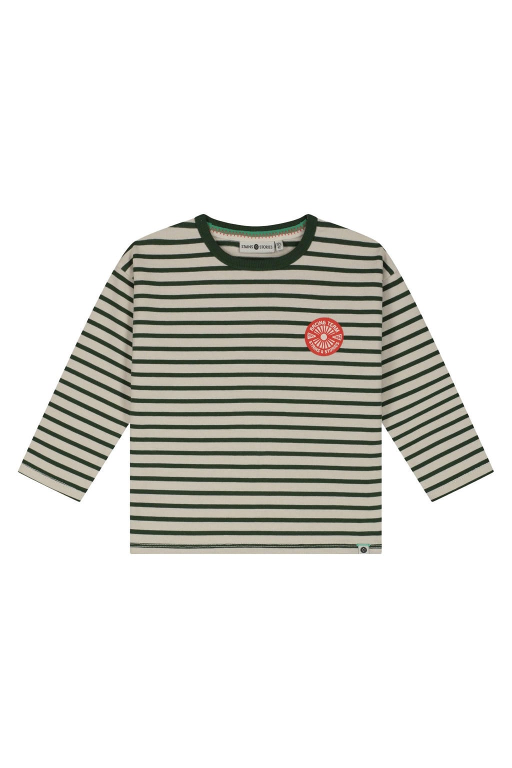 Donkergroen en ecru jongens Stains&Stories gestreepte longsleeve van katoen met lange mouwen en ronde hals
