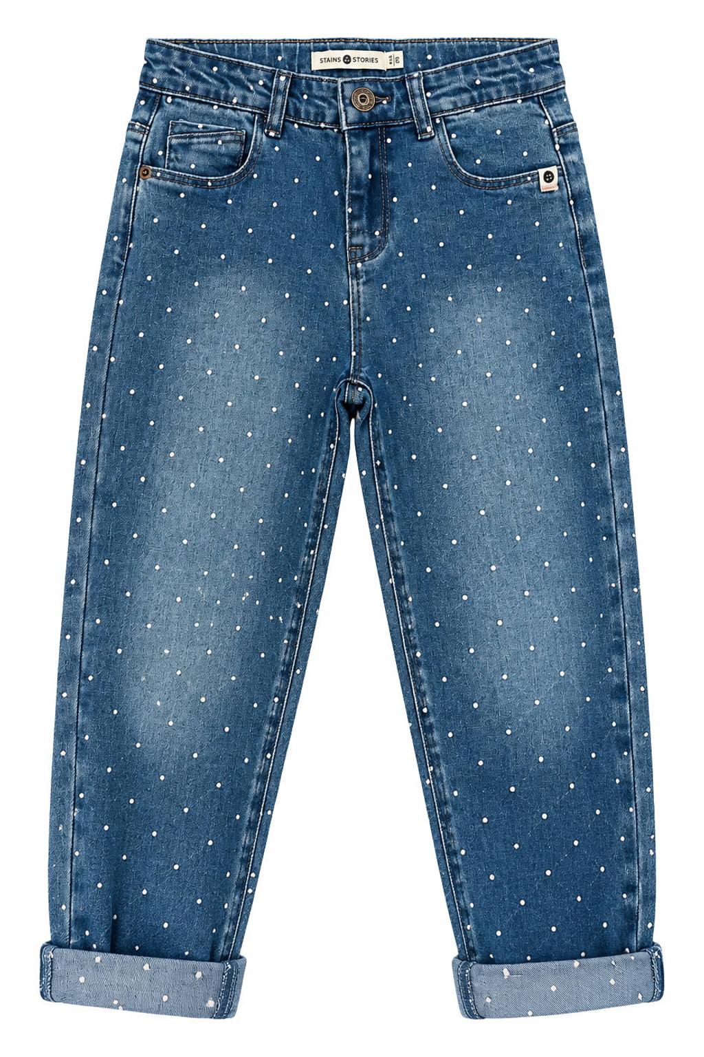 Medium blue denim meisjes Stains&Stories tapered jeans van denim met regular waist, rits- en haaksluiting en stippenprint