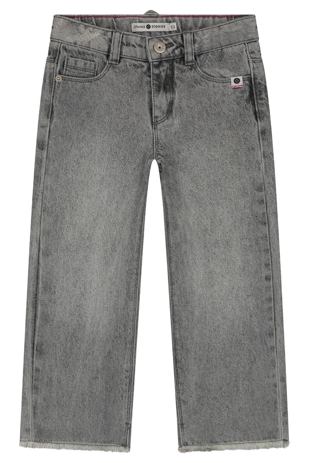 Grey denim meisjes Stains&Stories wide leg jeans van denim met rits- en knoopsluiting en effen