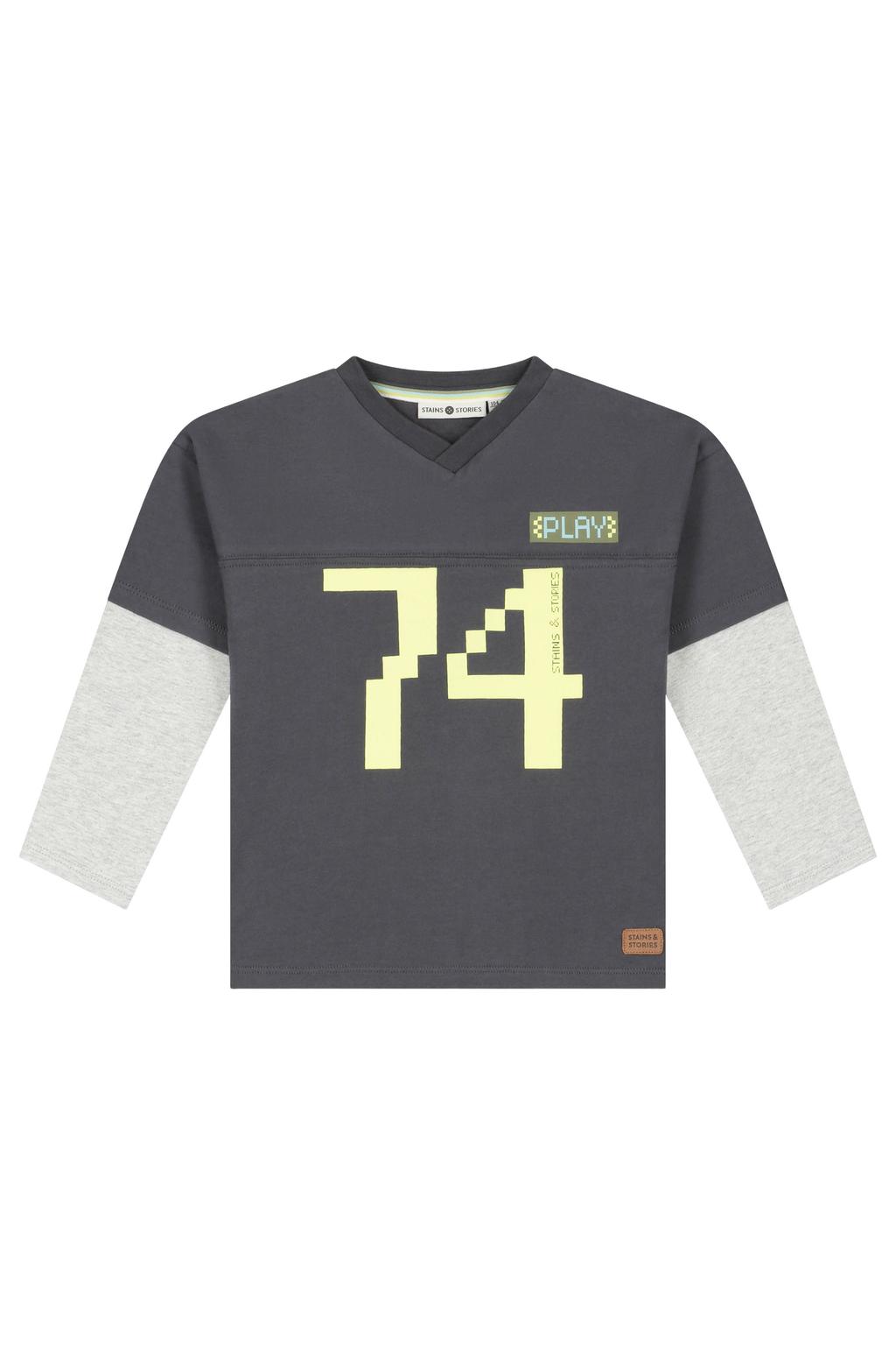 Antraciet, lichtgrijs en limegroene jongens Stains&Stories longsleeve van katoen met meerkleurige print, lange mouwen en ronde hals