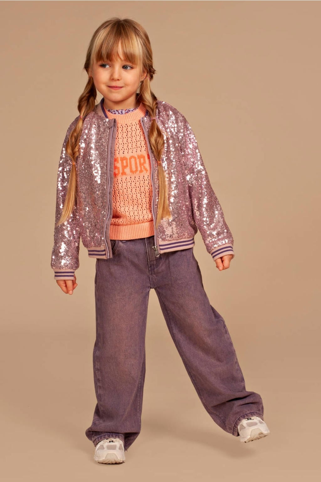 Lilakleurige meisjes Stains&Stories jas van polyester met effen, lange mouwen, ritssluiting en pailletten
