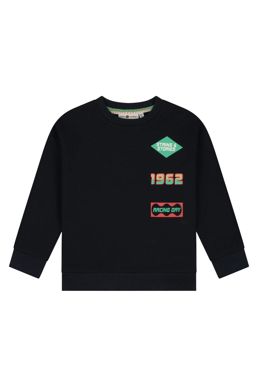 Marineblauw jongens Stains&Stories rechtvallende sweater blauw van polyamide met printopdruk, lange mouwen, ronde hals en geribde boorden