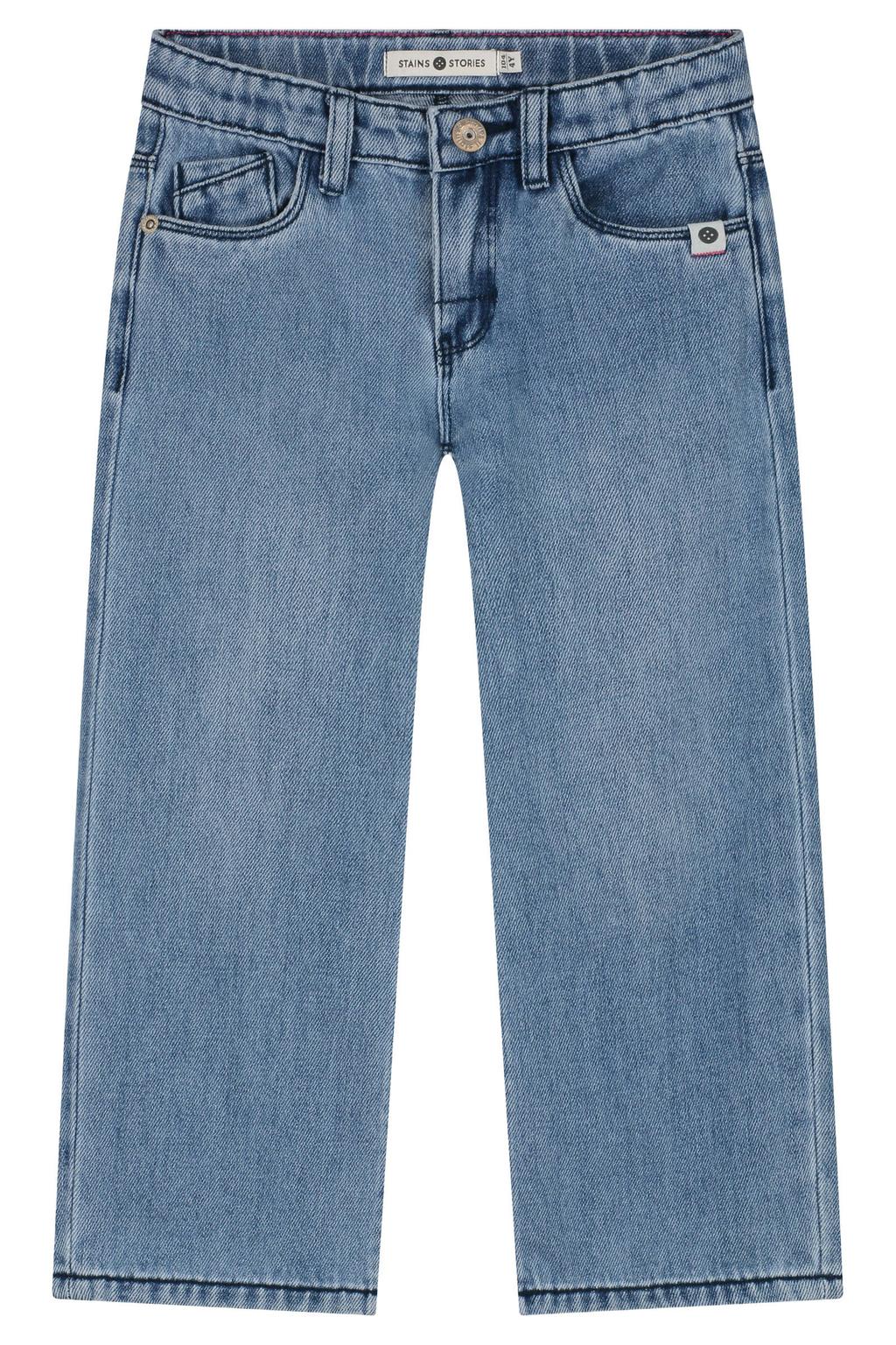 Light blue denim meisjes Stains&Stories wide leg jeans van denim met rits- en knoopsluiting en effen