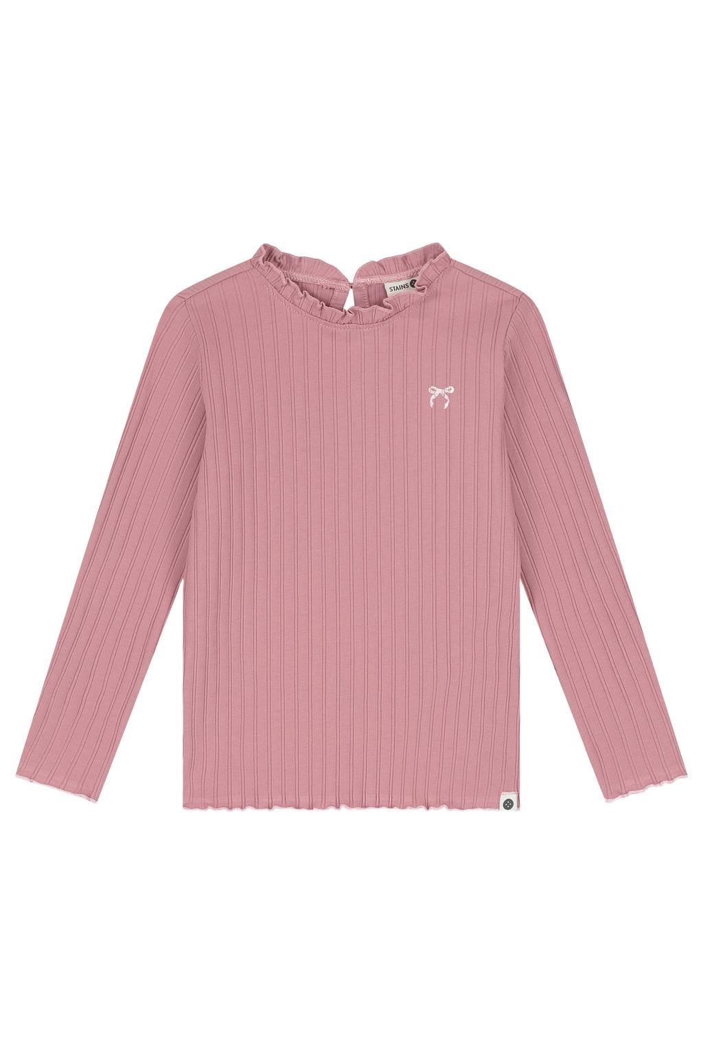 Roze meisjes Stains&Stories longsleeve van stretchkatoen met effen, lange mouwen, opstaande kraag, knoopsluiting en ruches