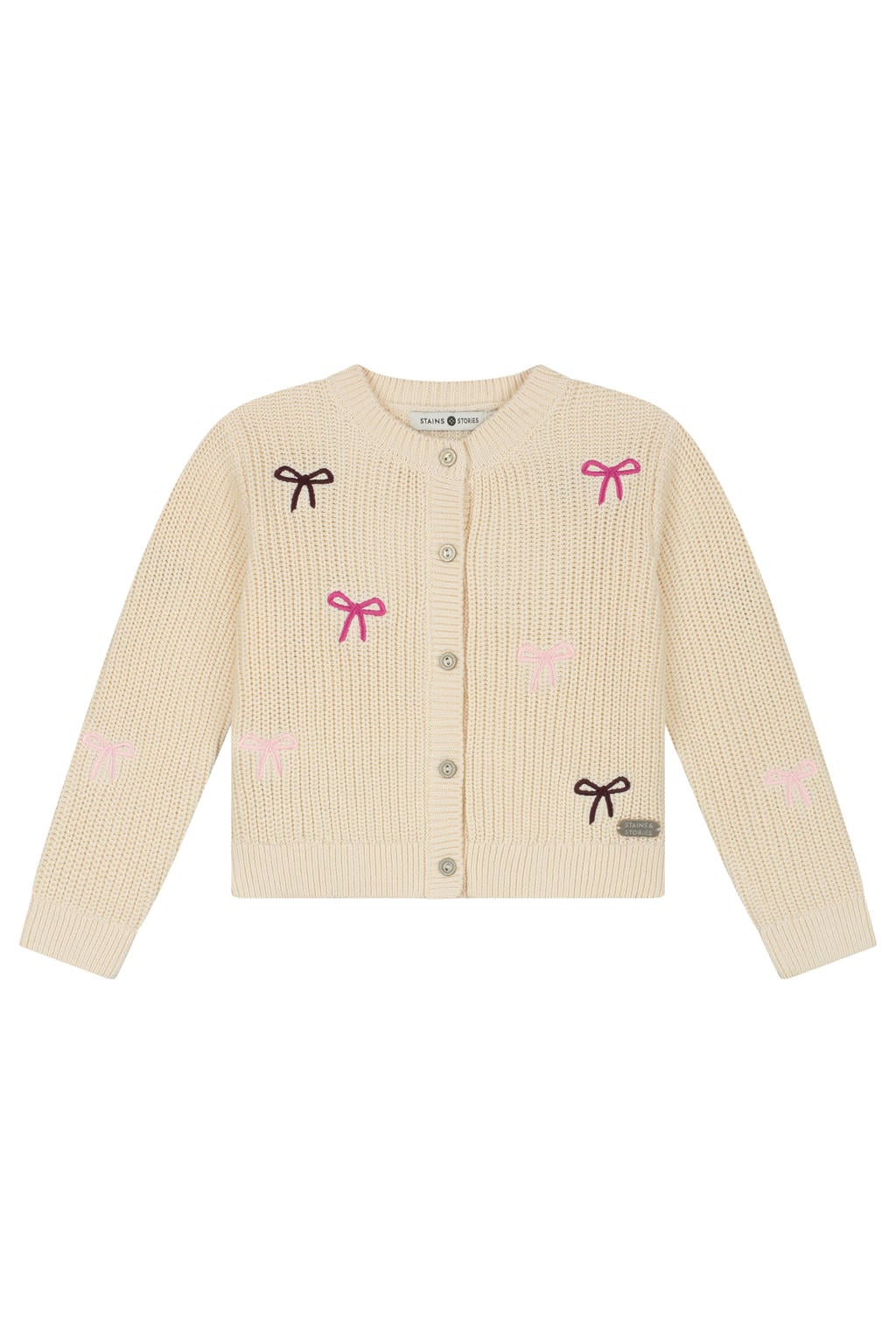 Beige, roze en bruine meisjes Stains&Stories katoenen gebreide vest met lange mouwen, ronde hals, knoopsluiting en borduursels