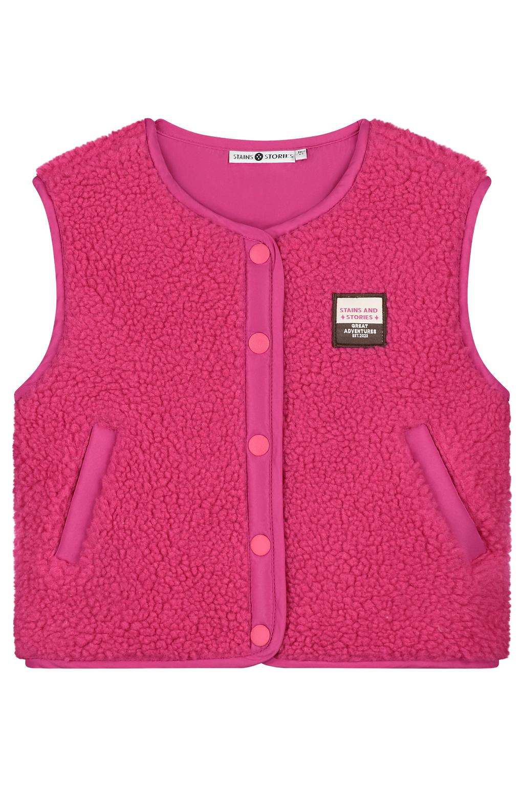 Magentakleurige meisjes Stains&Stories teddy gilet van polyester met effen, ronde hals en drukknoopsluiting