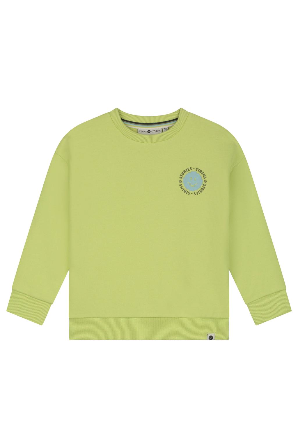 Lime, taupe en lichtblauwe jongens Stains&Stories rechtvallende sweater groen van katoen met backprint en lange mouwen
