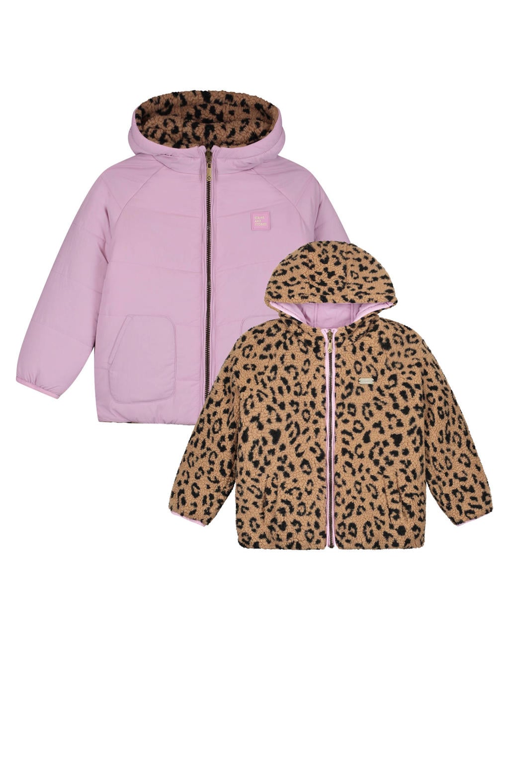 Stains&Stories teddy winterjas met panterprint - bruin/lila