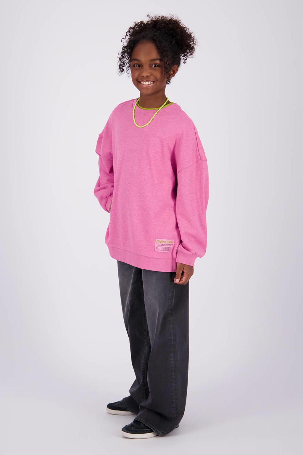 Roze meisjes Vingino oversized sweater van katoen met effen, lange mouwen, ronde hals en geribde boorden